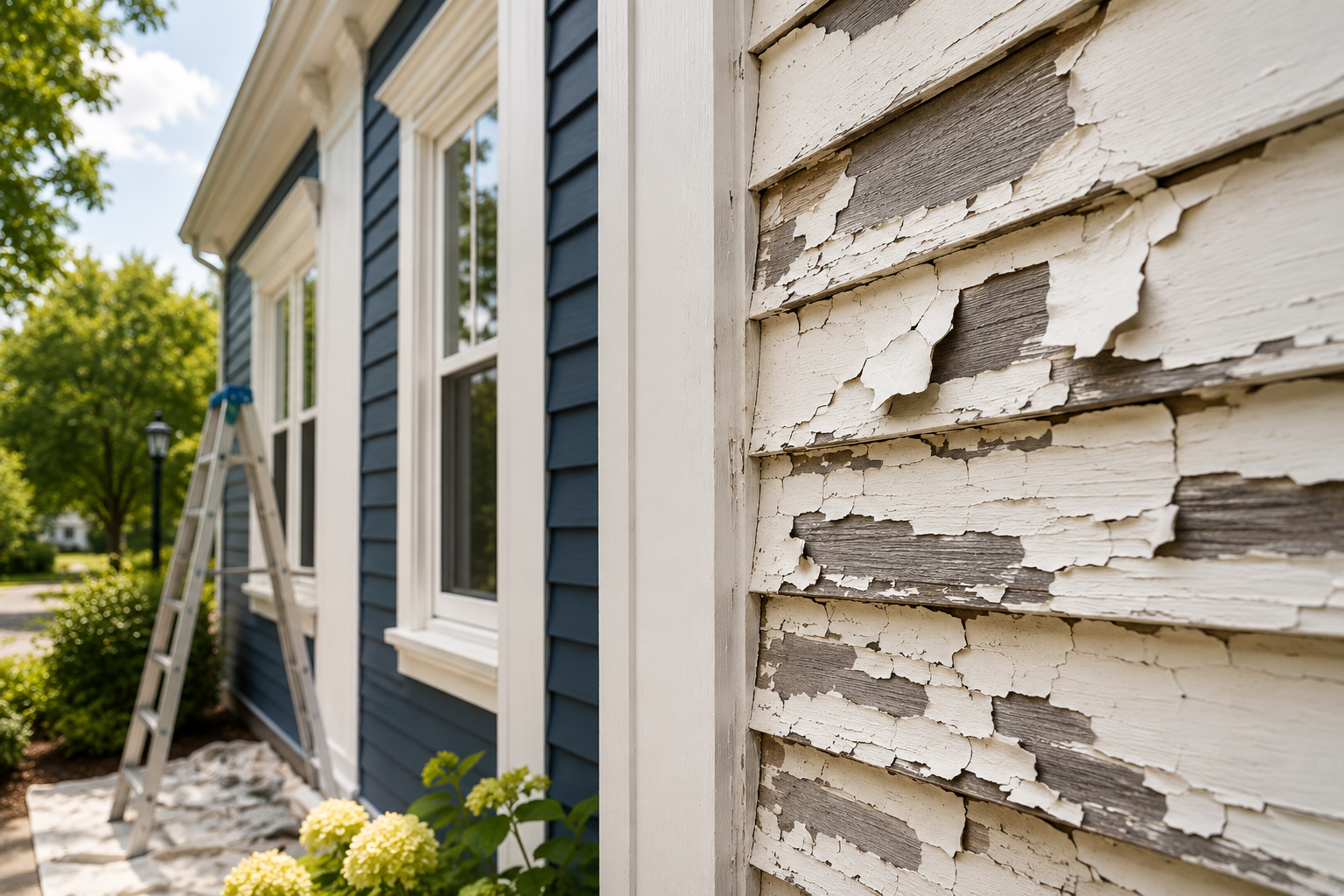 Peeling exterior paint on a New Hampshire home with exposed wood siding, highlighting the need for professional exterior painting before fall and winter weather.