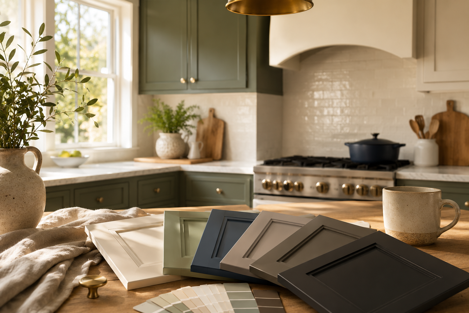 Bright, modern kitchen featuring professionally painted sage green cabinets, cabinet color samples, and warm natural light, showcasing inspiration for a fall or winter kitchen cabinet painting project.