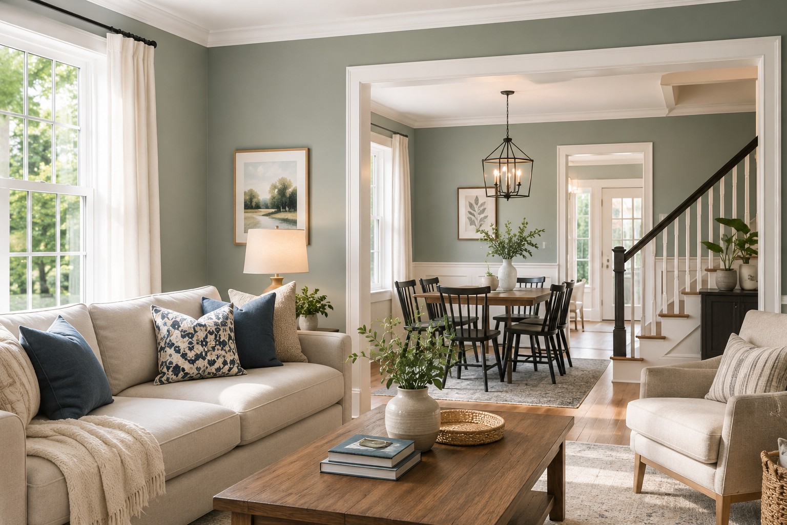 Freshly painted modern living room with soft neutral walls, abundant natural light, and stylish furnishings, showcasing a bright, professionally refreshed interior perfect for late summer home updates.
