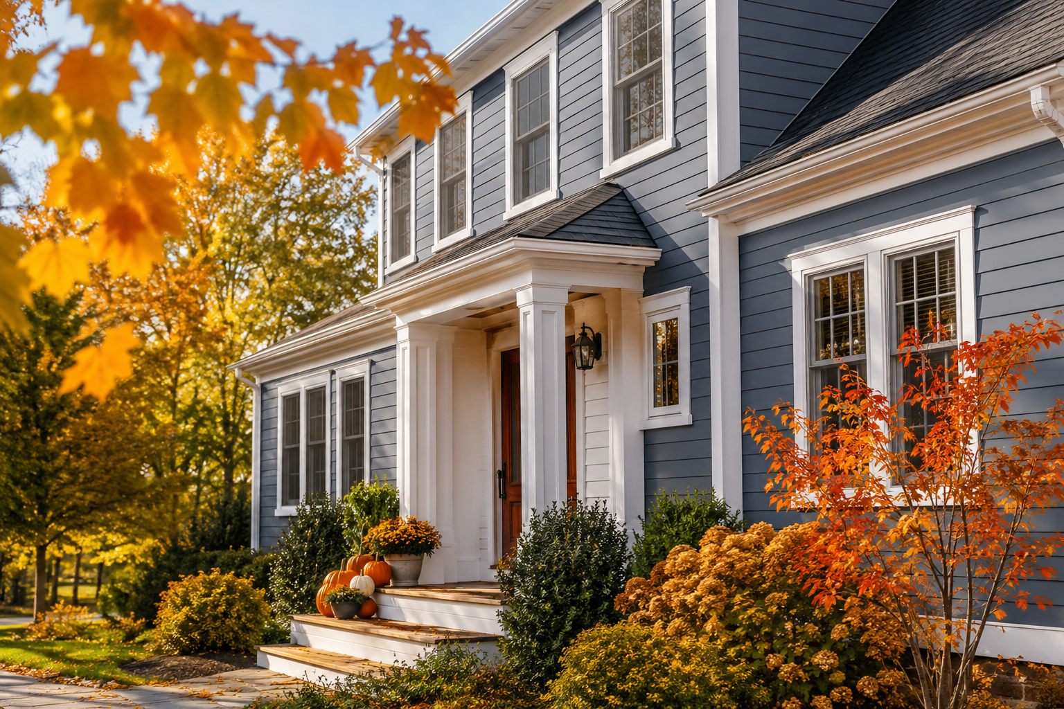 A beautifully painted New England home surrounded by vibrant fall foliage on a crisp autumn day, showcasing freshly painted blue siding, white trim, and a welcoming front porch with seasonal landscaping.