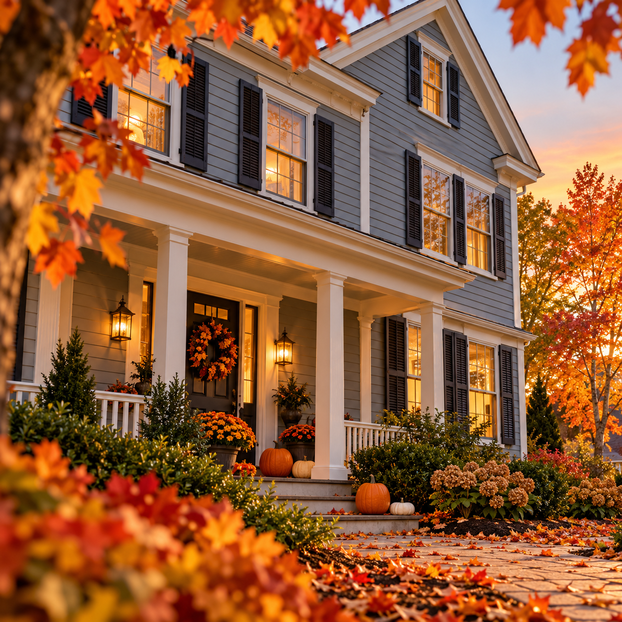 Autumn home exterior with gray-blue siding, white trim, glowing windows, pumpkins, and colorful fall foliage surrounding the front porch.