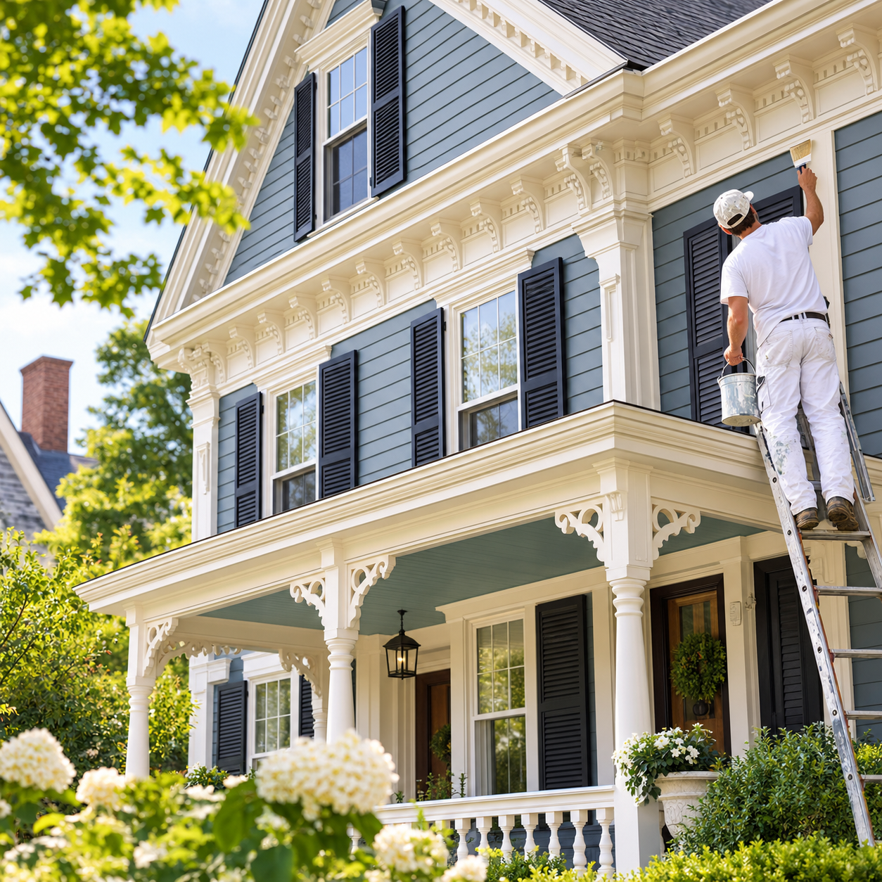 A historic Victorian home with ornate trim and blue-gray siding being professionally painted, highlighting its detailed architecture and preserved character.